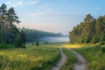 Fototapeta premium Winding dirt road leading through green meadow at sunrise with fog and pine trees