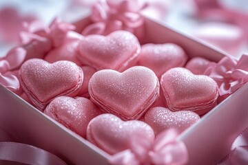 Fototapeta premium Pink heart-shaped macarons filling gift box for valentine's day celebration