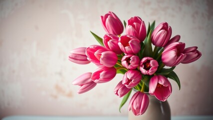 Obraz premium A delightful bouquet of pink tulips in a vase, a symbol of spring and new beginnings