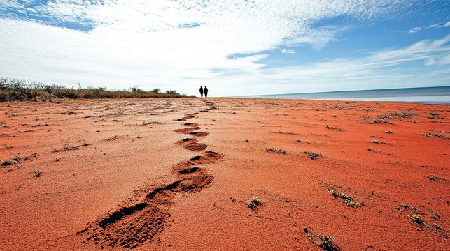 Footprints lead to the ocean two figures walk ahead
