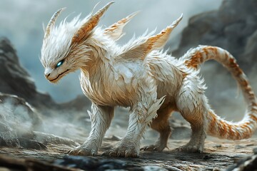 Majestic White Dragon Creature Prowls Rocky Terrain