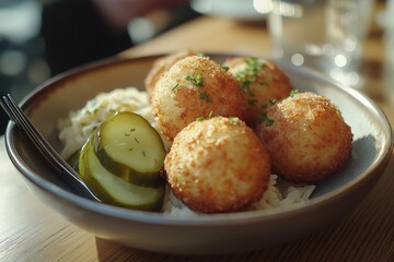 A delicious Malakoff dish features crispy fried cheese balls served alongside rice and pickled cucumbers, ideal for a satisfying meal. Enjoy this tasty food experience!