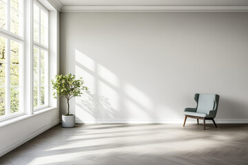 Fototapeta premium Minimalist interior design featuring a chair and a plant in bright natural light