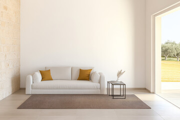 Modern living space featuring a white sofa natural decor and a view of the outdoors