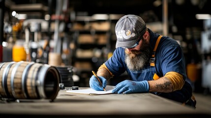 A man with a beard is writing on a piece of paper