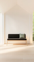 Minimalist interior with a black bench and green accent pillow in a bright open space