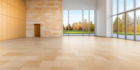 Obraz premium Spacious interior with modern design and large windows overlooking a green landscape