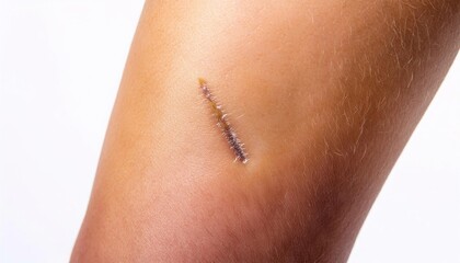 macro image of a scar on the thigh caused by a skateboarding accident, showing detailed healing stitches and precise scar texture in isolated white background
