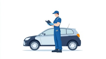 A man in a blue uniform is standing next to a car and looking at a clipboard