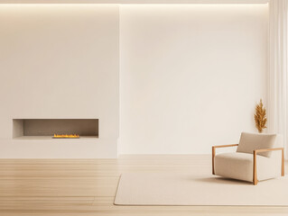 Modern minimalist living room with cozy armchair and elegant fireplace design