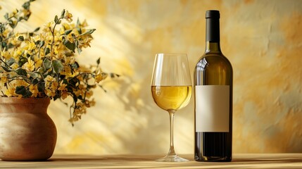 bottle of white wine and a glass on a beige background