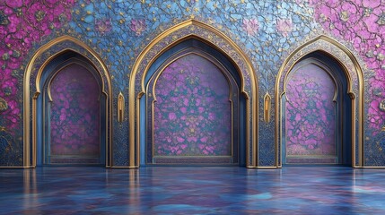 Obraz premium Elegant Islamic Archway Interior Design with Purple and Blue Mosaic