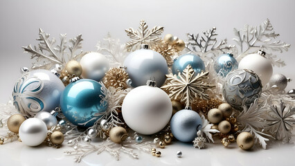beautiful composition with ornaments and dazzling snowflakes set against a white background. The arrangement is ideal for seasonal themes since it perfectly represents the grace and glitz of holiday g