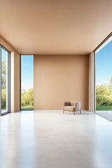 Fototapeta premium Modern minimalist interior with large windows and soft seating in serene natural setting