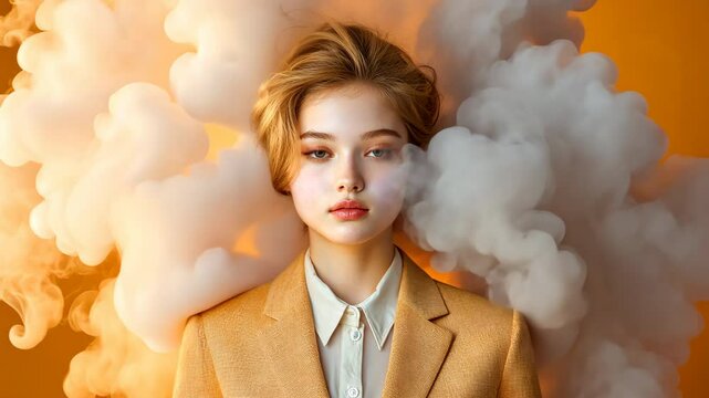The portrait features a woman with porcelain skin, her face obscured by a mysterious fog like aura, symbolizing her heightened psychic ability and deep mental consciousness.
