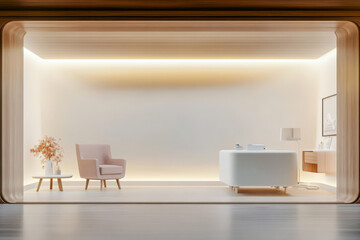Modern minimalist office design with soft lighting and elegant furnishings in a serene space