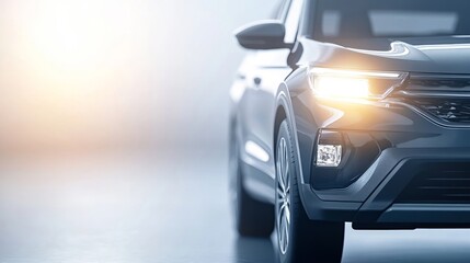 Obraz premium A black car with its headlights on