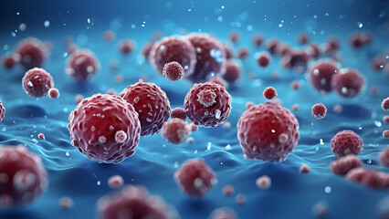 A blue background with floating bacteria and viruses in a microscope represents the meeting point of study, technology, and biology