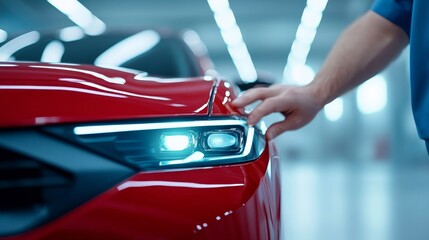 A man is touching the headlight of a red car