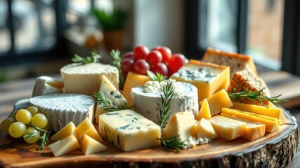 Assorted cheeses and grapes arranged on a rustic wooden board for a delightful culinary presentation