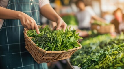 Close-up of hand pointing at fresh green tea leaves in a wicker basket, showcasing organic produce, sustainable farming, eco-friendly trade, and healthy lifestyle in a vibrant market scene.