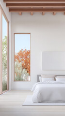 Minimalist bedroom with large windows showcasing autumn foliage in bright daylight
