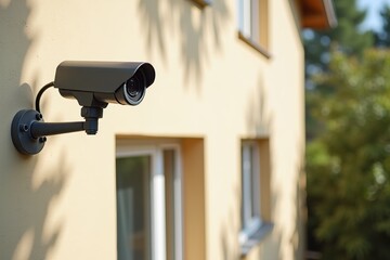 Security Camera Mounted on Exterior Wall of Residential Building