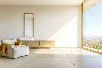 Modern living space with large window and minimalist decor overlooking scenic view