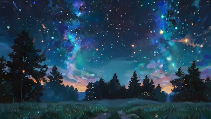 ゲームエンディング風背景　キラキラの星空との草原と地平線	
