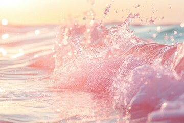 Fototapeta premium Pink Ocean Wave Splashing Sunlight Glow