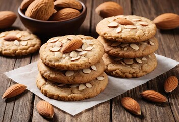 A wooden board with homemade almond cookies arranged on top