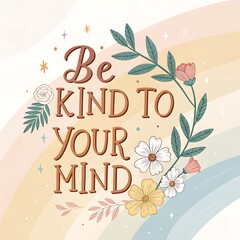 Obraz premium Whimsical Pastel Illustration with 'Be Kind to Your Mind' Typography: A Hand-Drawn Mental Health Message Featuring a Brain Icon, Decorative Floral Elements, and a Soft Color Palette for Inspiration