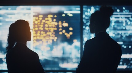 Side view of two professionals in a meeting room, analyzing financial trends displayed on a high-tech dashboard.