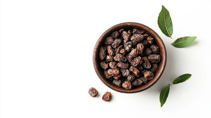 Obraz premium Bowl of Dried Raisins with Green Leaves on a White Background for Culinary, Dietary, and Healthy Lifestyle Themes