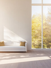 Modern living room with large windows and a cozy sofa overlooking a natural landscape