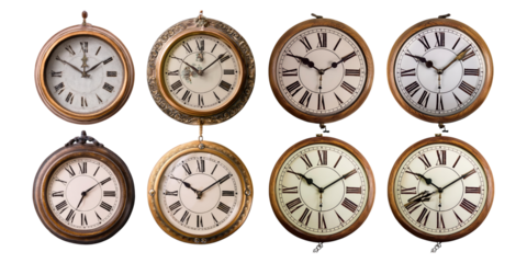 Vintage Wall Clocks with Roman Numerals on Display