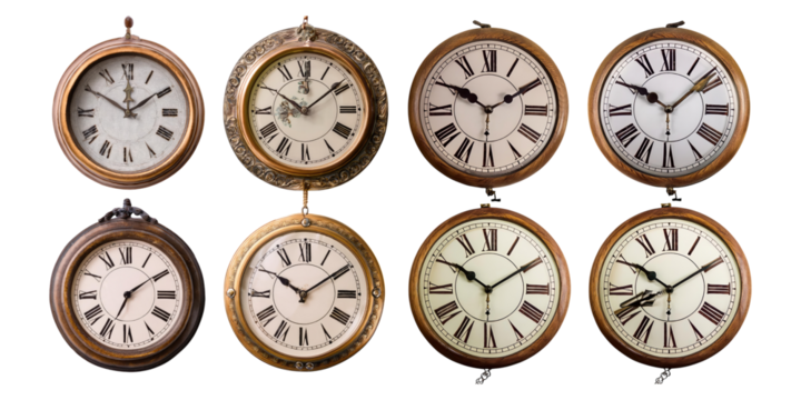 Vintage Wall Clocks with Roman Numerals on Display