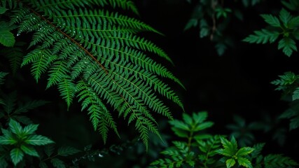 Fototapeta premium Lush Green Fern Frond with Dew Drops in Dark Foliage