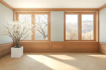Obraz premium Bright interior room with large windows and spring blossoms in a minimalist design