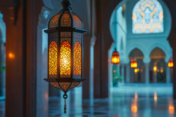An illuminated Islamic lantern hanging inside a peaceful mosque, casting intricate light patterns on the walls and marble floors. Islamic background.

