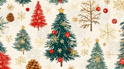 Obraz premium Festive Christmas Trees Snowflakes And Ornaments Design