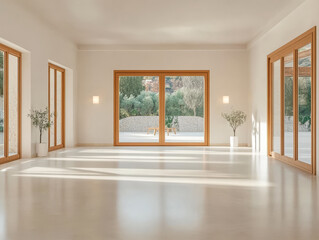 Obraz premium Bright and minimalistic room with large windows overlooking a serene outdoor view