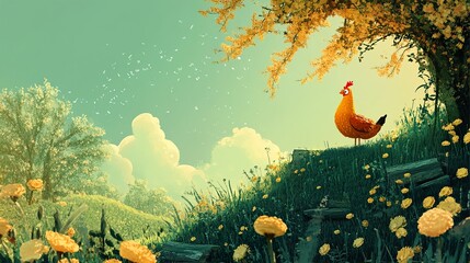 A Chicken in a Flowery Meadow: Serene Countryside Scene