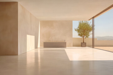 Obraz premium Modern minimalist interior design featuring a tree and natural light in an elegant space