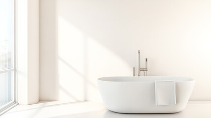 Fototapeta premium Stylish modern bathroom with freestanding tub and natural light in minimalist design