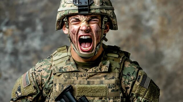 Soldier expressing intense emotion during military training in a neutral background setting showing determination and resilience