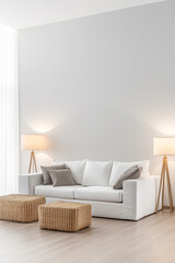 Fototapeta premium Cozy living room with white sofa and woven ottomans in a bright modern space