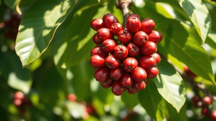 Obraz premium A cluster of ripe red coffee cherries hanging from a branch, surrounded by vibrant green foliage in bright sunlight.