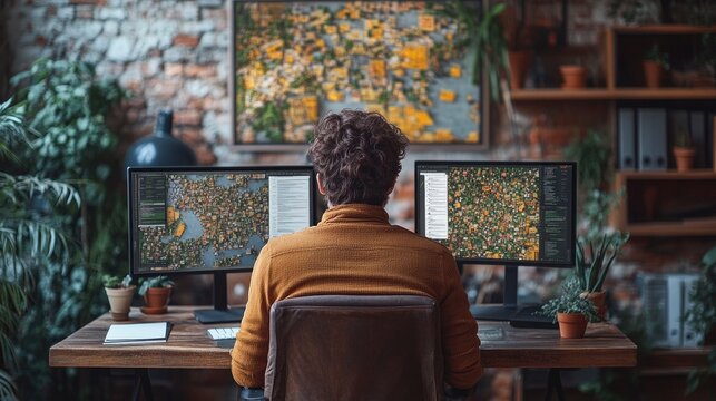 First-time office worker organizes digital files on dual monitors, desk area decorated with minimal personal touches