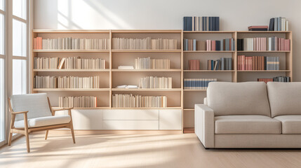 Fototapeta premium Cozy living room with wooden bookshelves and natural light in a modern home